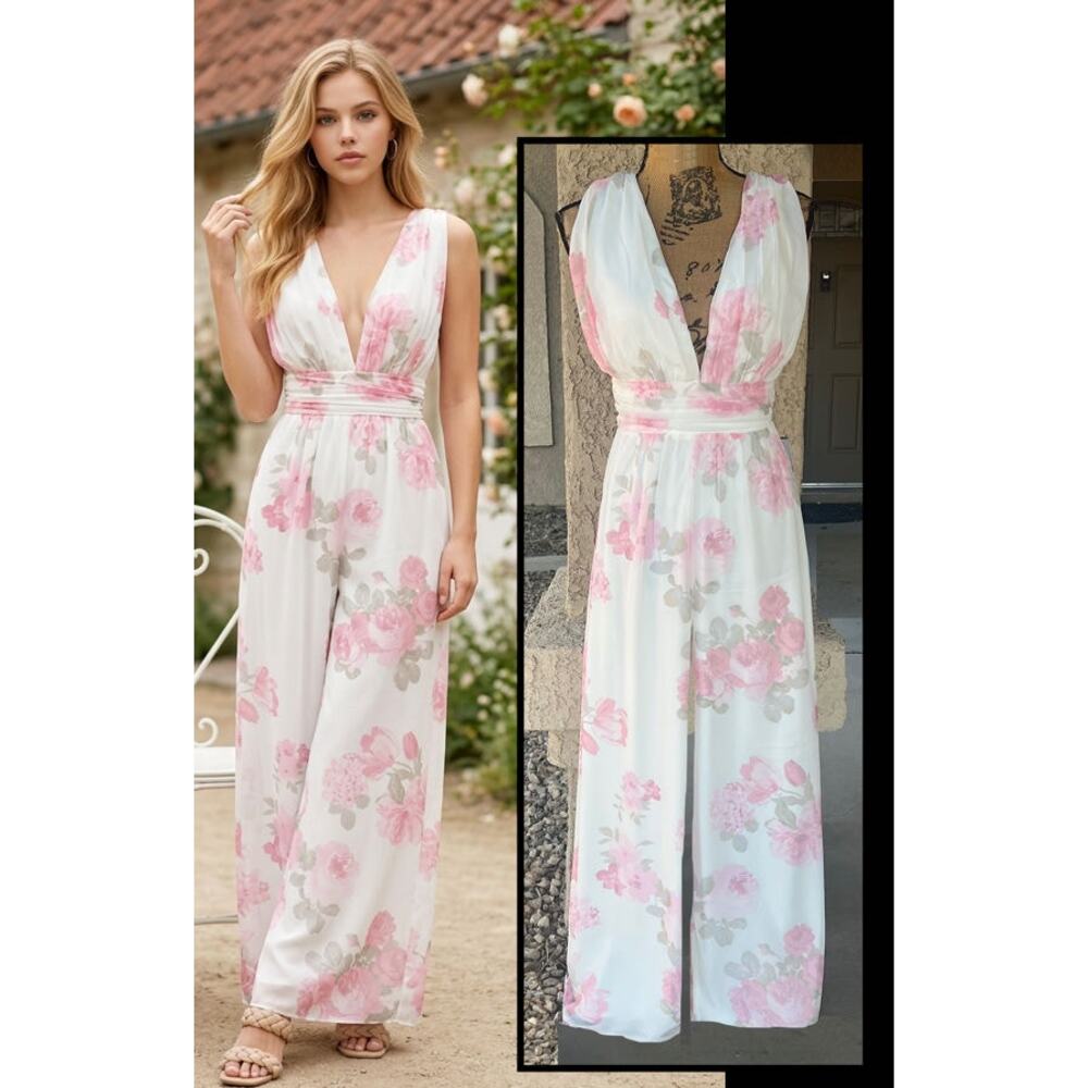Lulus Darling Mesh Pink and White Floral Print Wide Leg Jumpsuit Size M